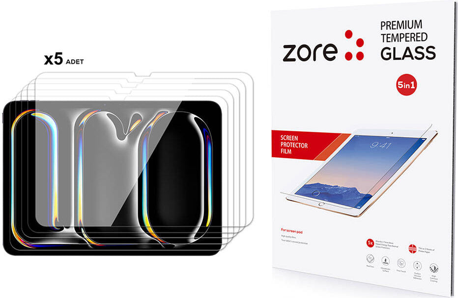 iPad 11 Pro 2024 Uyumlu Mnc 5in1 Tablet Temperli Cam Ekran Koruyucu-Şeffaf