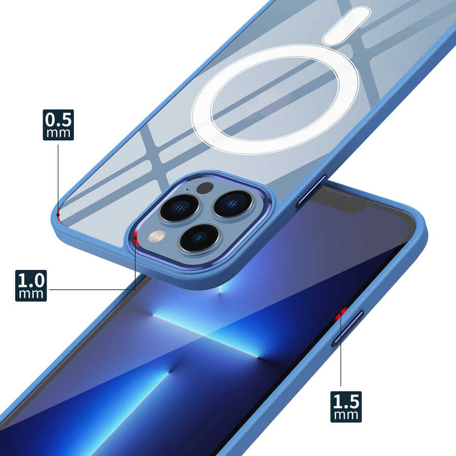 Apple iPhone 14 Kılıf Wireless Şarj Özellikli Mnc Krom Magsafe Silikon Kapak-Mavi