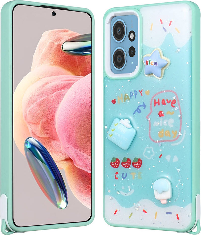 Xiaomi Redmi Note 12 4g Kılıf Parlayan Sıvılı Simli Kabartma Figürlü Mnc Cevze Kapak-Yeşil