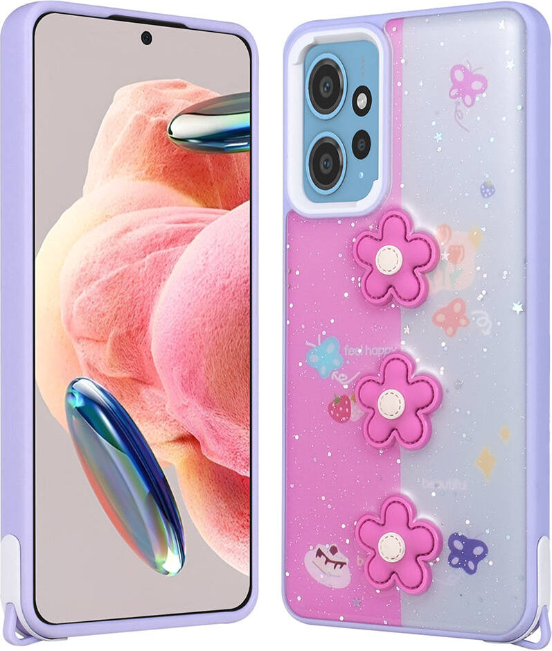Xiaomi Redmi Note 12 4g Kılıf Parlayan Sıvılı Simli Kabartma Figürlü Mnc Cevze Kapak-Mor Papatya