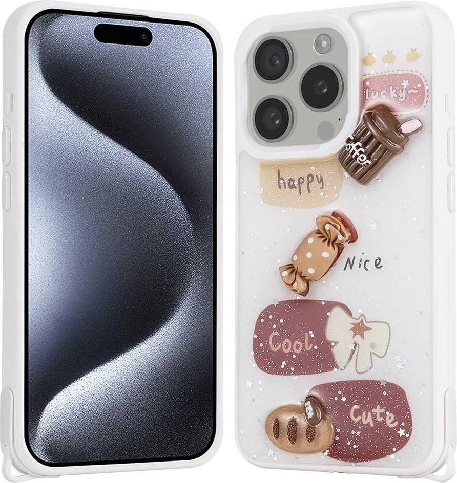 Apple iPhone 15 Pro Kılıf Parlayan Sıvılı Simli Kabartma Figürlü Mnc Cevze Kapak-Beyaz