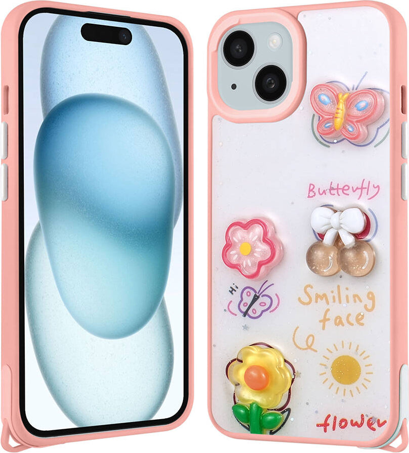 Apple iPhone 15 Plus Kılıf Parlayan Sıvılı Simli Kabartma Figürlü Mnc Cevze Kapak-Pembe