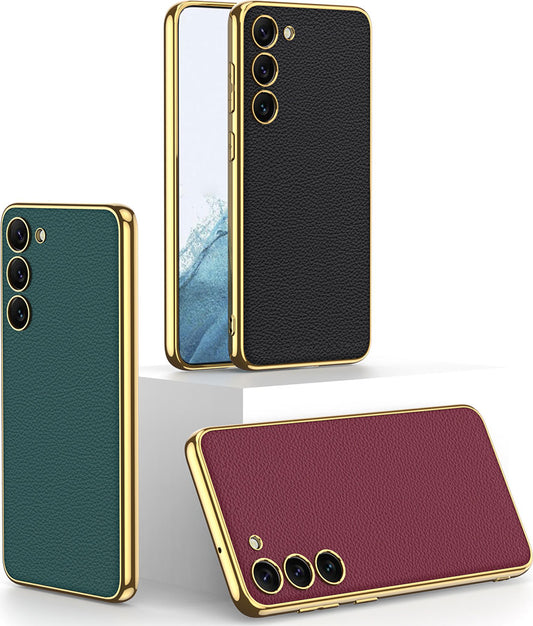 Galaxy S23 Plus Kılıf Deri Görünümlü Kenarları Elektroplating Kaplama Mnc Fizyon Kapak-Koyu Yeşil