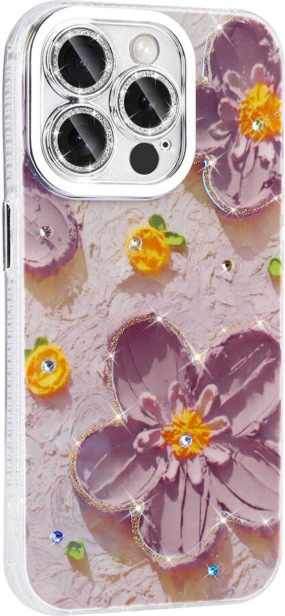Apple iPhone 15 Pro Max Kılıf Çiçek Desenli Parlak Taşlı Sert Silikon Mnc Garden Kapak-Colorful