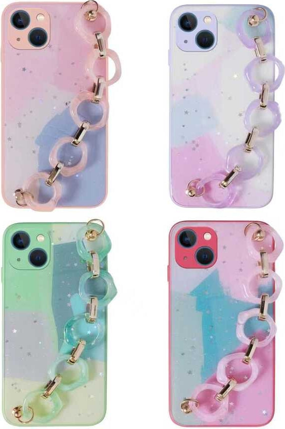 iPhone 13 Kılıf Simli Desenli El Askılı Tutacaklı Mnc Elsa Silikon Kapak-Lila