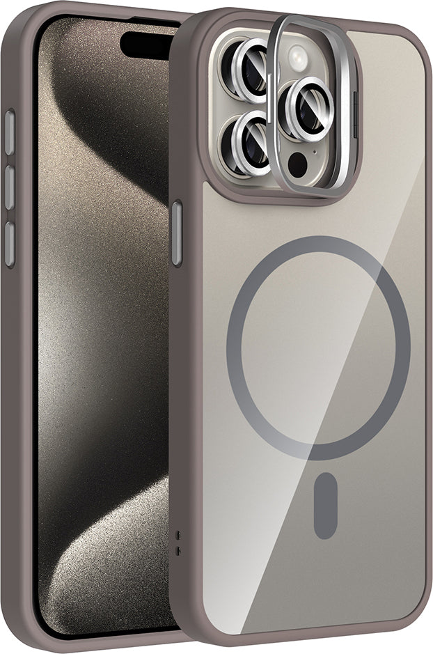 iPhone 15 Pro Max Kılıf Standlı ve Kamera Lens Hediyeli M-Safe Şarj Özellikli Mnc Etro Kapak - Siya