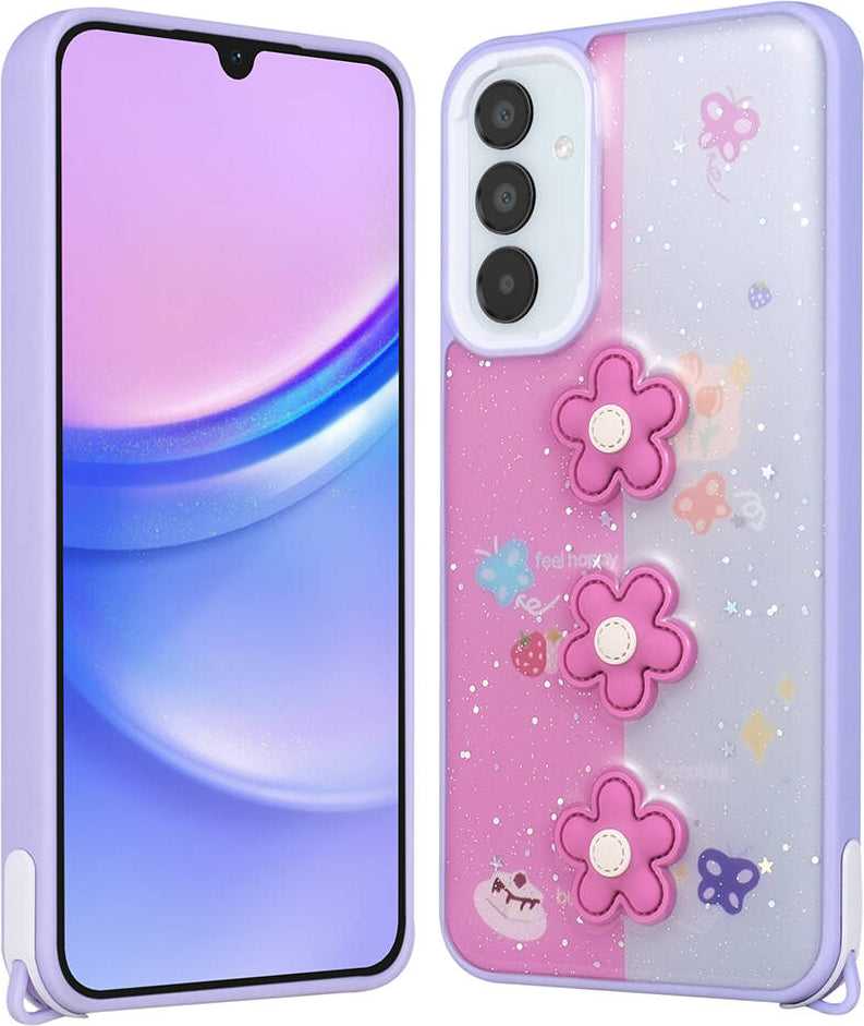Galaxy A54 Kılıf Parlayan Sıvılı Simli Kabartma Figürlü Mnc Cevze Kapak-Mor Papatya