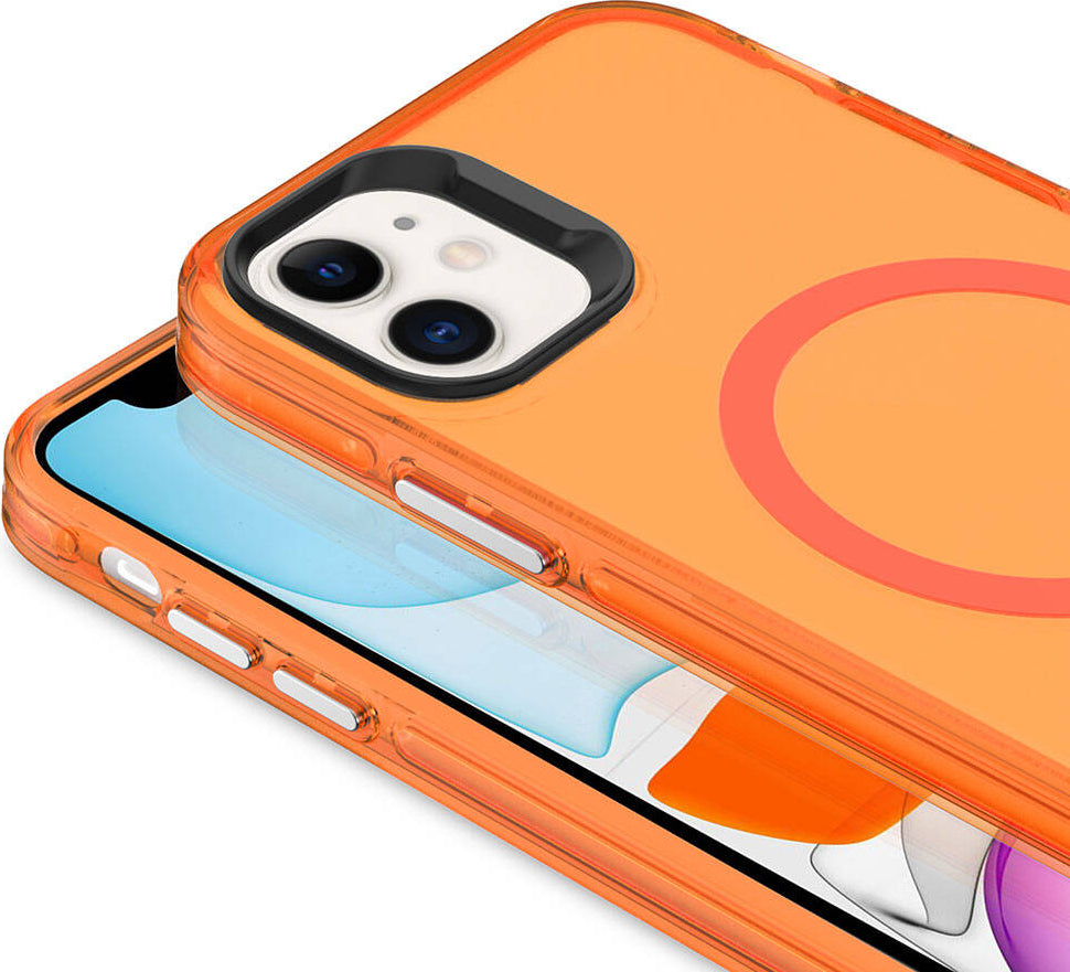 Apple iPhone 11 Kılıf Mnc Magsafe Şarj Özellikli Buzlu Transparan C-Pro Sert Kapak-Turuncu