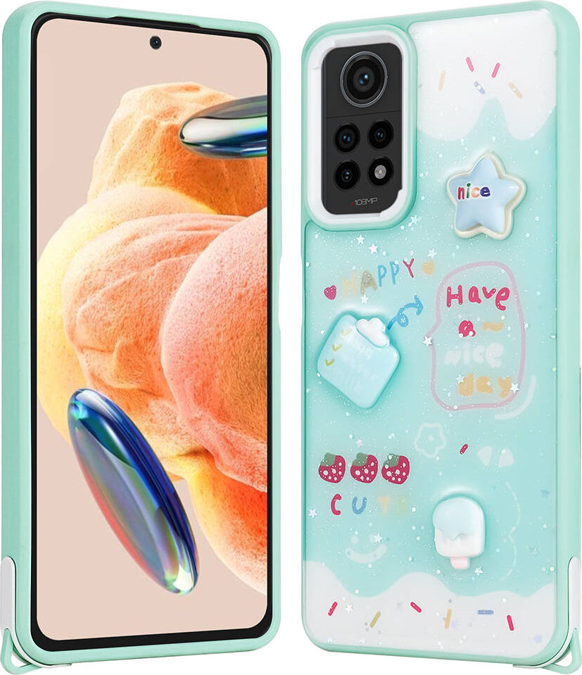 Xiaomi Redmi Note 12 Pro 4g Kılıf Parlayan Sıvılı Simli Kabartma Figürlü Mnc Cevze Kapak-Yeşil