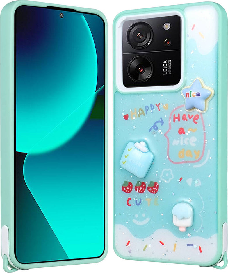 Xiaomi Mi 13T Kılıf Parlayan Sıvılı Simli Kabartma Figürlü Mnc Cevze Kapak-Yeşil