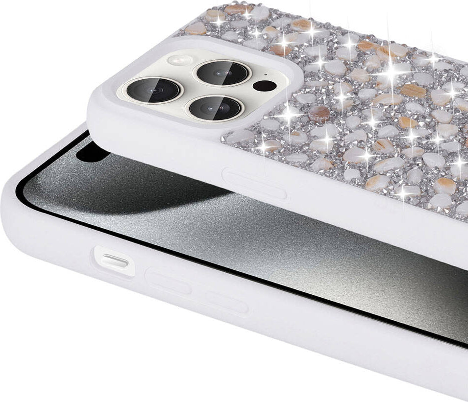 Apple iPhone 15 Pro Kılıf Parlak Taşlı Tasarım Mnc Linea Diamond Kapak-Pembe