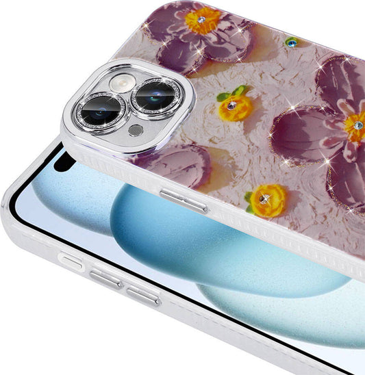 Apple iPhone 15 Kılıf Çiçek Desenli Parlak Taşlı Sert Silikon Mnc Garden Kapak-Mavi