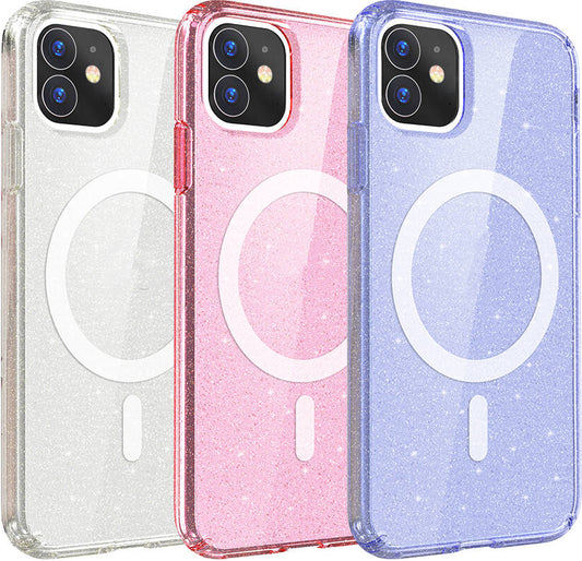 Apple iPhone 11 Kılıf Magsafe Şarj Özellikli Parlayan Simli Saydam Renkli Mnc Allstar Kapak-Pembe