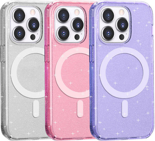 Apple iPhone 14 Pro Kılıf Magsafe Şarj Özellikli Parlayan Simli Saydam Renkli Mnc Allstar Kapak-Pembe