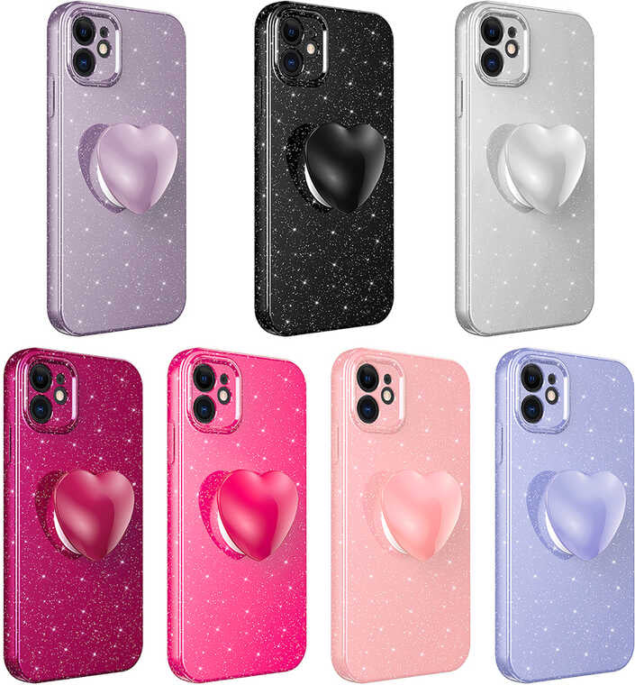 iPhone 11 Kılıf Kamera Korumalı Simli Pop Soketli Lüks Mnc Koton Soketli Kapak-Pembe Koyu