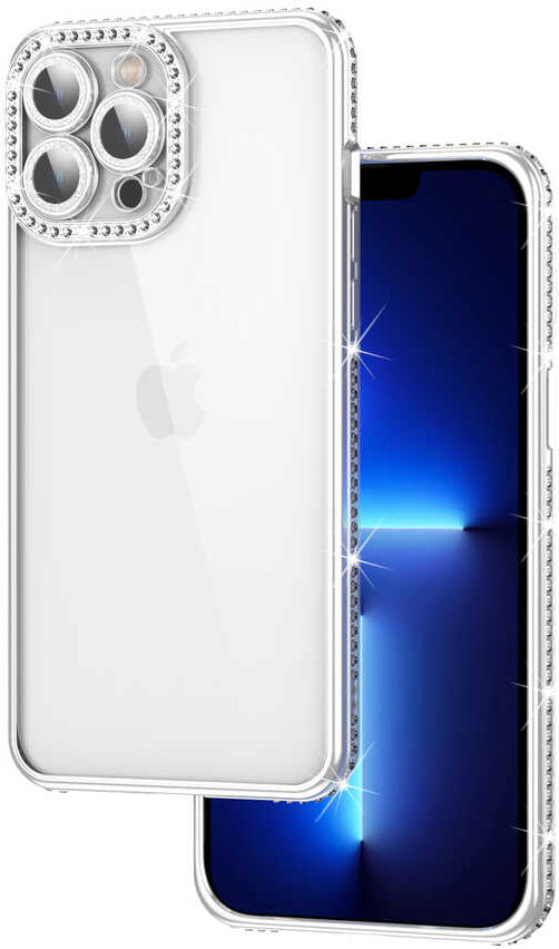 iPhone 12 Pro Max Uyumlu Kamera Korumalı Taşlı Mnc Mina Kapak-Gümüş