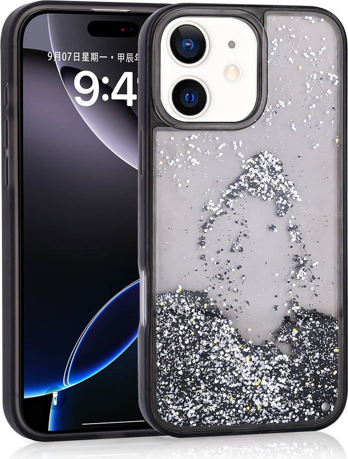 iPhone 12 Uyumlu Kılıf Sıvılı Simli Şeffaf Arka Yüzey Mnc Keto Silikon Kapak-Siyah