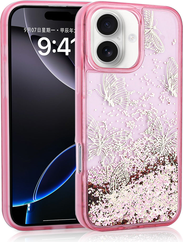 iPhone 16 Uyumlu Kılıf Sıvılı Simli Kelebek Baskılı Şeffaf Arka Yüzey Mnc Glis Silikon Kapak-Pembe