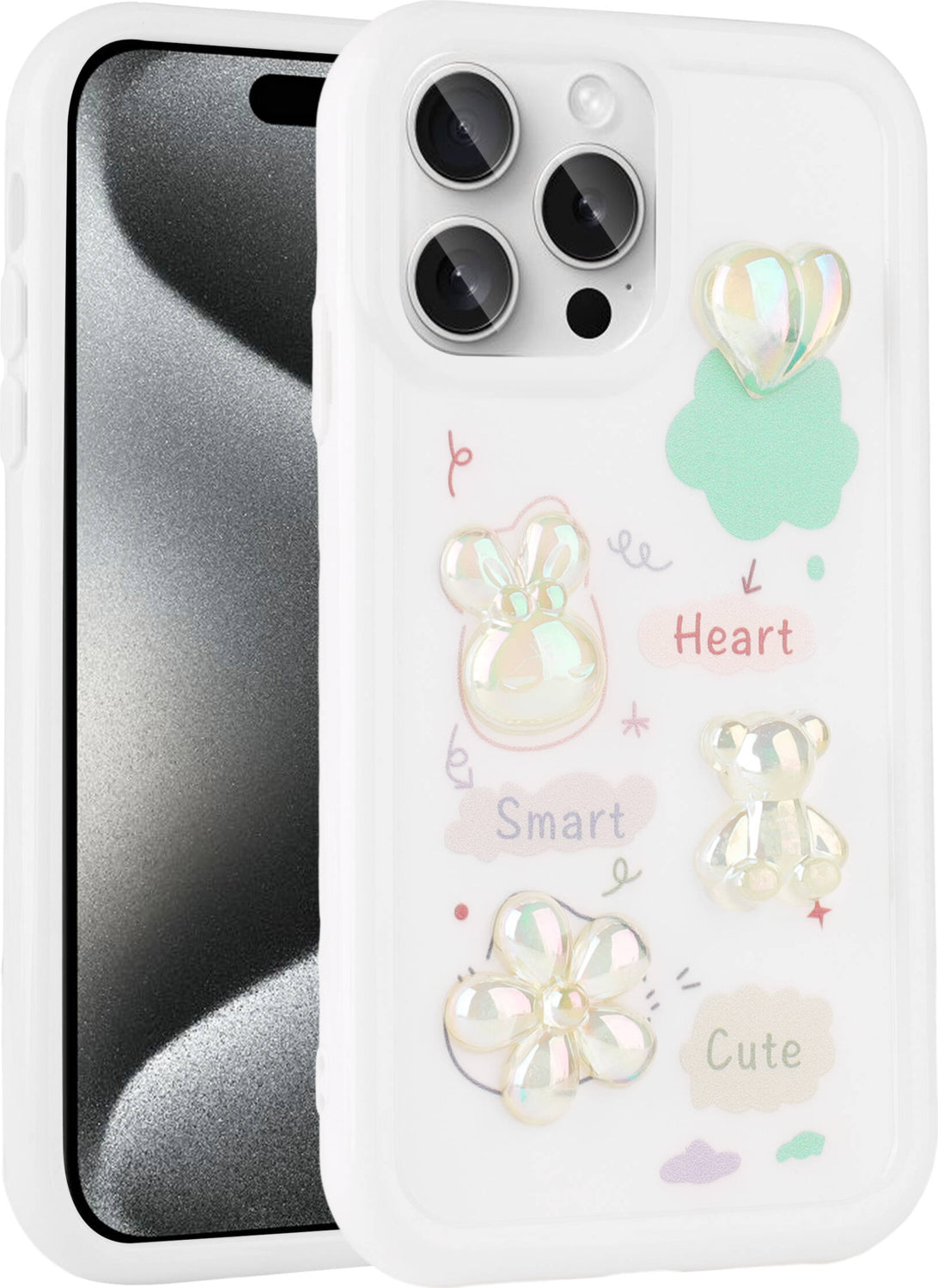 iPhone 14 Pro Uyumlu Kabartma Figürlü Parlak Mnc Toys Silikon Kapak-Beyaz