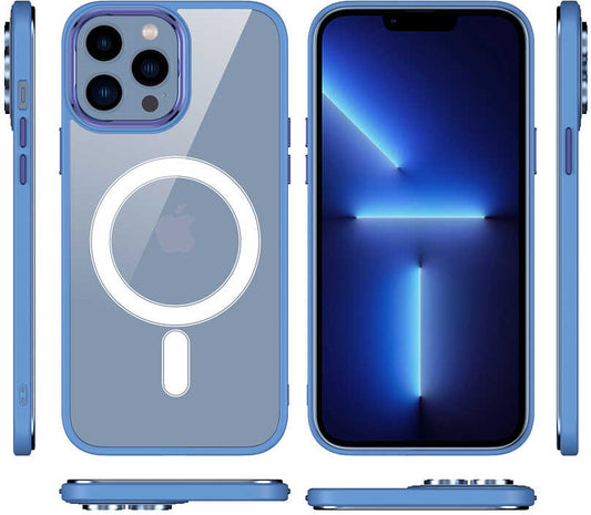 iPhone 13 Pro Max Uyumlu Wireless Şarj Özellikli Mnc Krom Magsafe Silikon Kapak-Lacivert