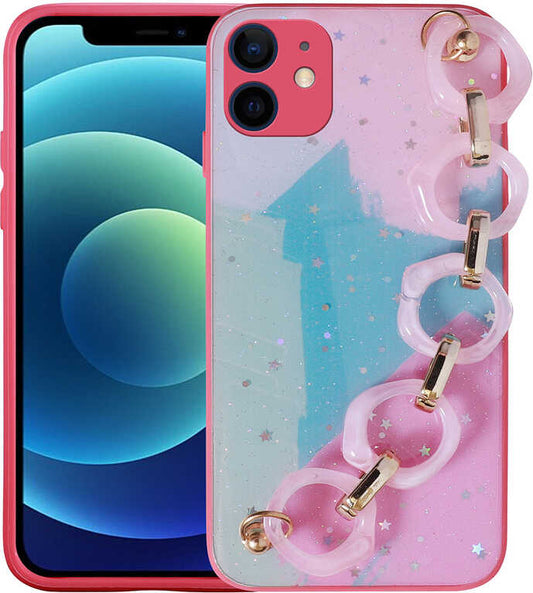 iPhone 11 Uyumlu Simli Desenli El Askılı Tutacaklı Mnc Elsa Silikon Kapak-Pembe