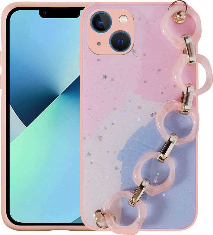 iPhone 13 Uyumlu Simli Desenli El Askılı Tutacaklı Mnc Elsa Silikon Kapak-Pembe