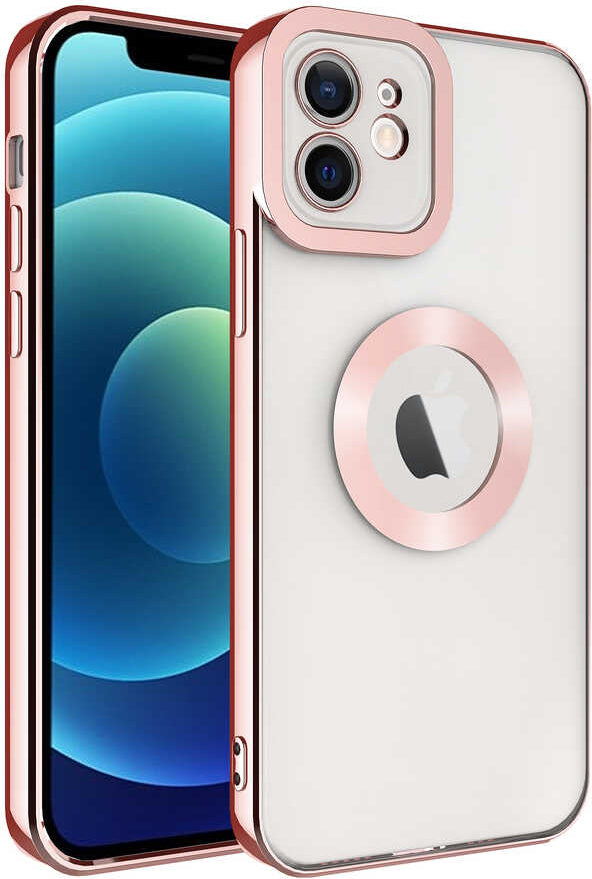 iPhone 12 Uyumlu Kamera Korumalı Logo Gösteren Mnc Omega Kapak-Rose Gold