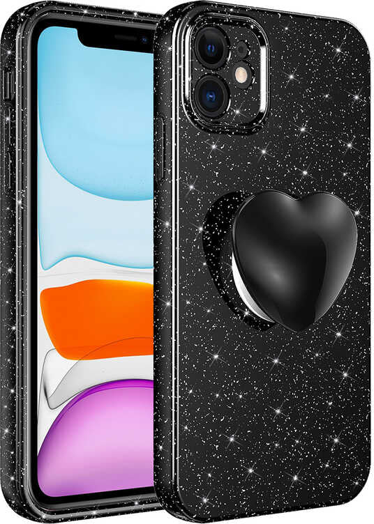 iPhone 11 Uyumlu Kamera Korumalı Simli Pop Soketli Lüks Mnc Koton Soketli Kapak-Siyah