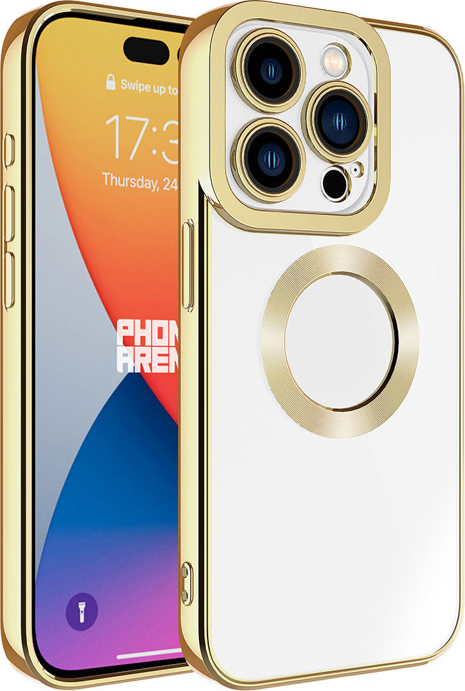 iPhone 15 Pro Max Uyumlu Kamera Korumalı Logo Gösteren Mnc Omega Kapak-Gold