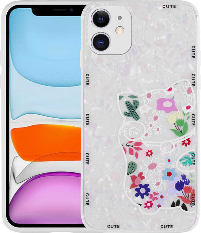 iPhone 12 Uyumlu Desenli Sert Silikon Mnc Mumila Kapak-White Cat