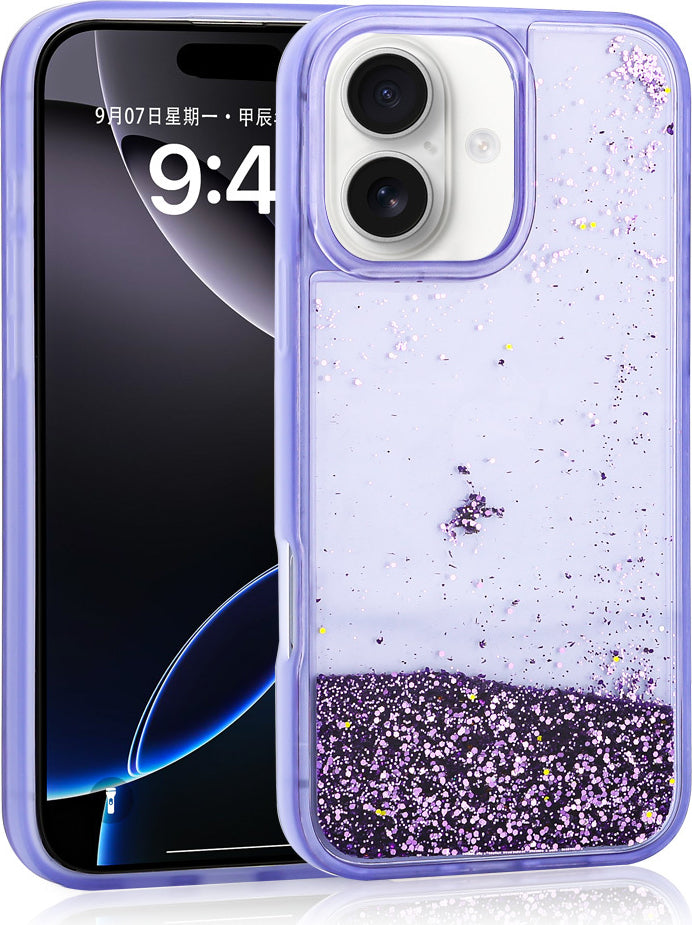 iPhone 16 Uyumlu Kılıf Sıvılı Simli Şeffaf Arka Yüzey Mnc Keto Silikon Kapak-Mor