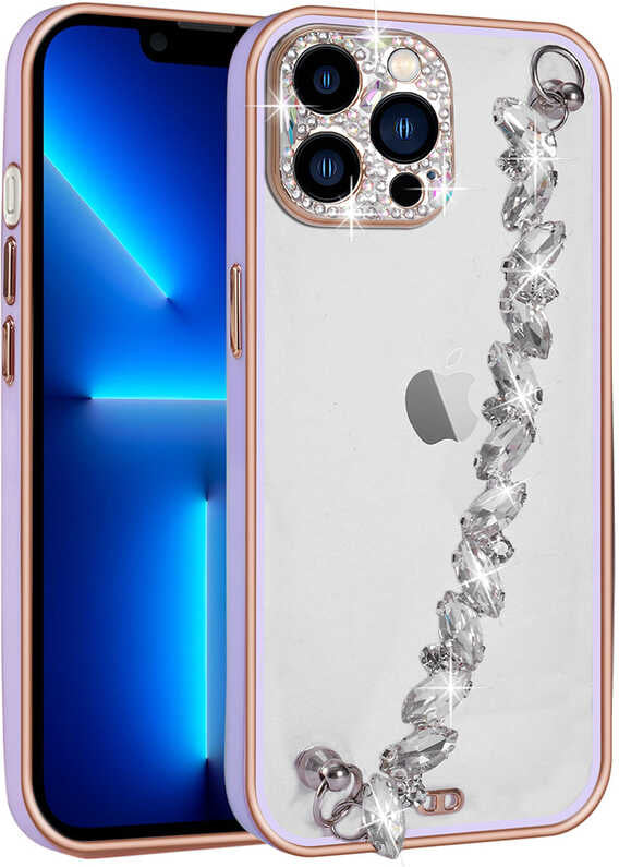 iPhone 13 Pro Max Uyumlu Taş Süslemeli Kamera Korumalı El Tutamaçlı Mnc Blazer Kapak-Lila