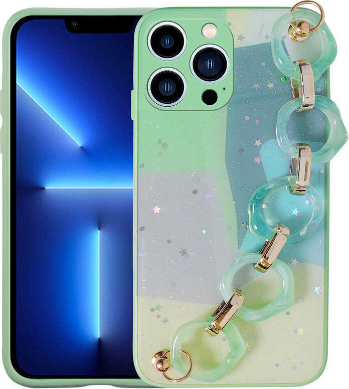 iPhone 13 Pro Uyumlu Simli Desenli El Askılı Tutacaklı Mnc Elsa Silikon Kapak-Yeşil