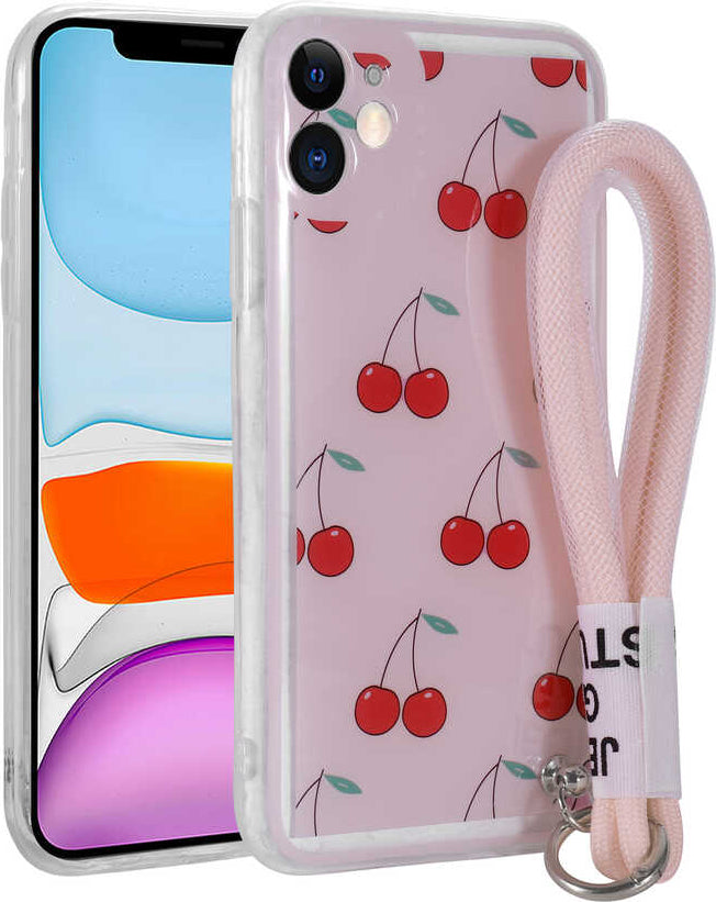 iPhone 11 Uyumlu Desenli El Askılı Ipli Mnc Astana Silikon Kapak-Kiraz