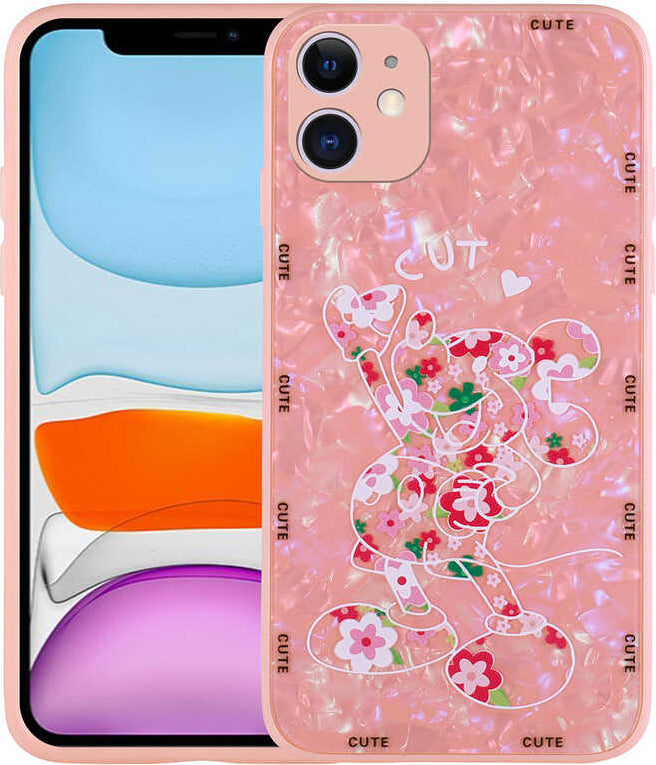 iPhone 12 Uyumlu Desenli Sert Silikon Mnc Mumila Kapak-Pink Mouse