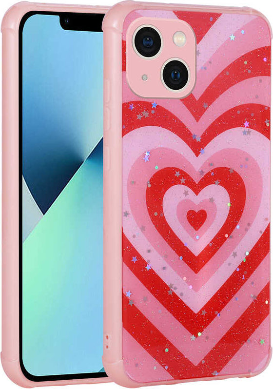 iPhone 13 Uyumlu Simli Desenli Kamera Korumalı Parlak Mnc Popy Kapak-Kalp