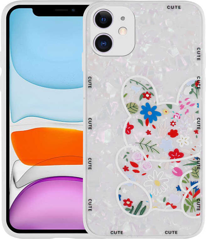 iPhone 11 Uyumlu Desenli Sert Silikon Mnc Mumila Kapak-White Rabbit