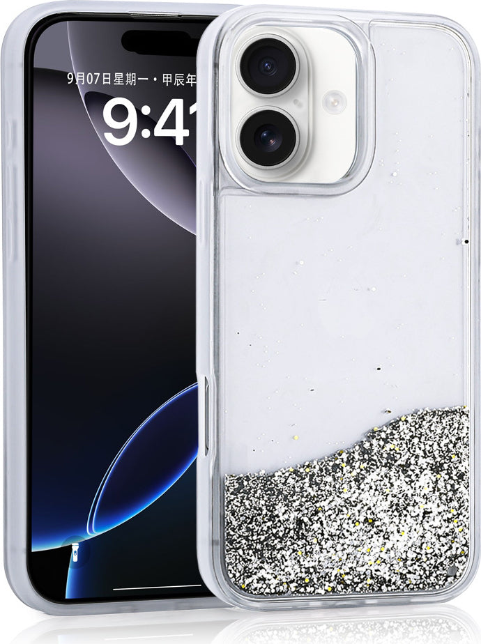 iPhone 16 Uyumlu Kılıf Sıvılı Simli Şeffaf Arka Yüzey Mnc Keto Silikon Kapak-Gümüş
