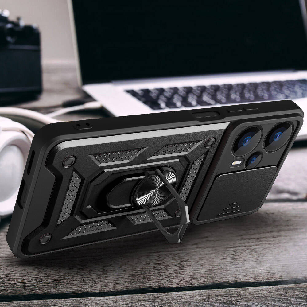 Xiaomi Poco F5 Kılıf Magnetik Standlı Kamera Korumalı Mnc Sürgülü Vega Kapak-Mavi