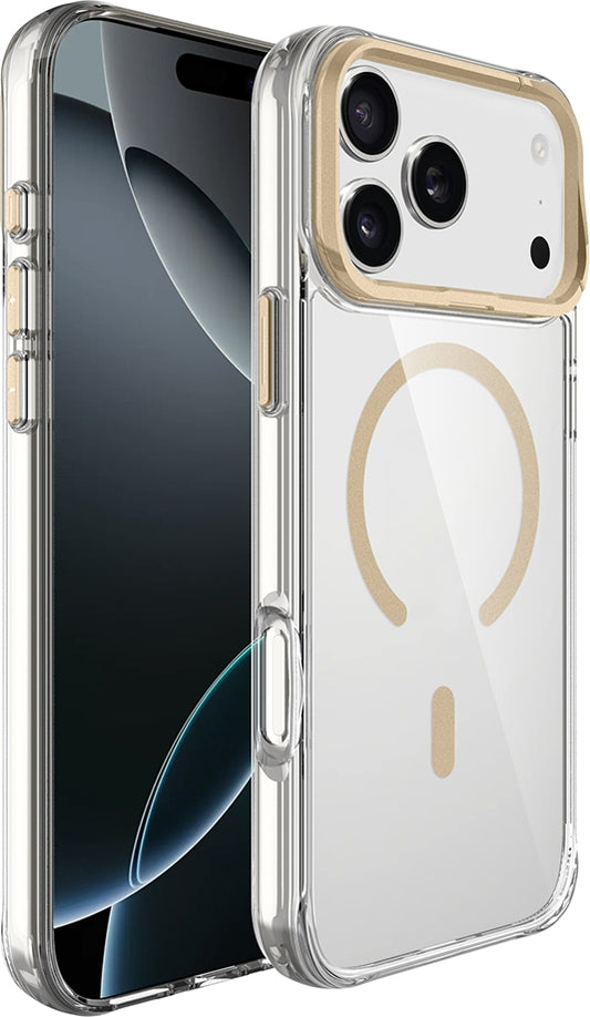 Rengareng iPhone 17 Pro Max Kılıf M-Safe Şarj Özellikli Airbagli Kamera Standlı Zore Azor Kapak - Gold