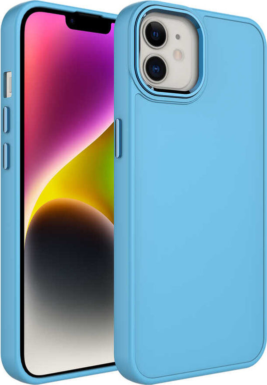 Apple iPhone 12 Kılıf Metal Çerçeve ve Buton Tasarımlı Silikon Mnc Luna Kapak-Sierra Mavi