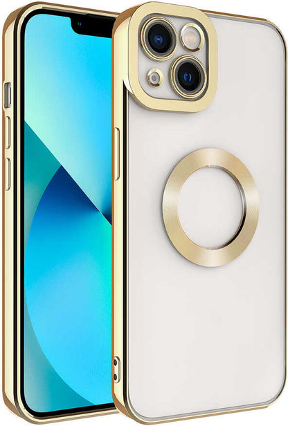 Apple iPhone 14 Kılıf Kamera Korumalı Logo Gösteren Mnc Omega Kapak-Gold