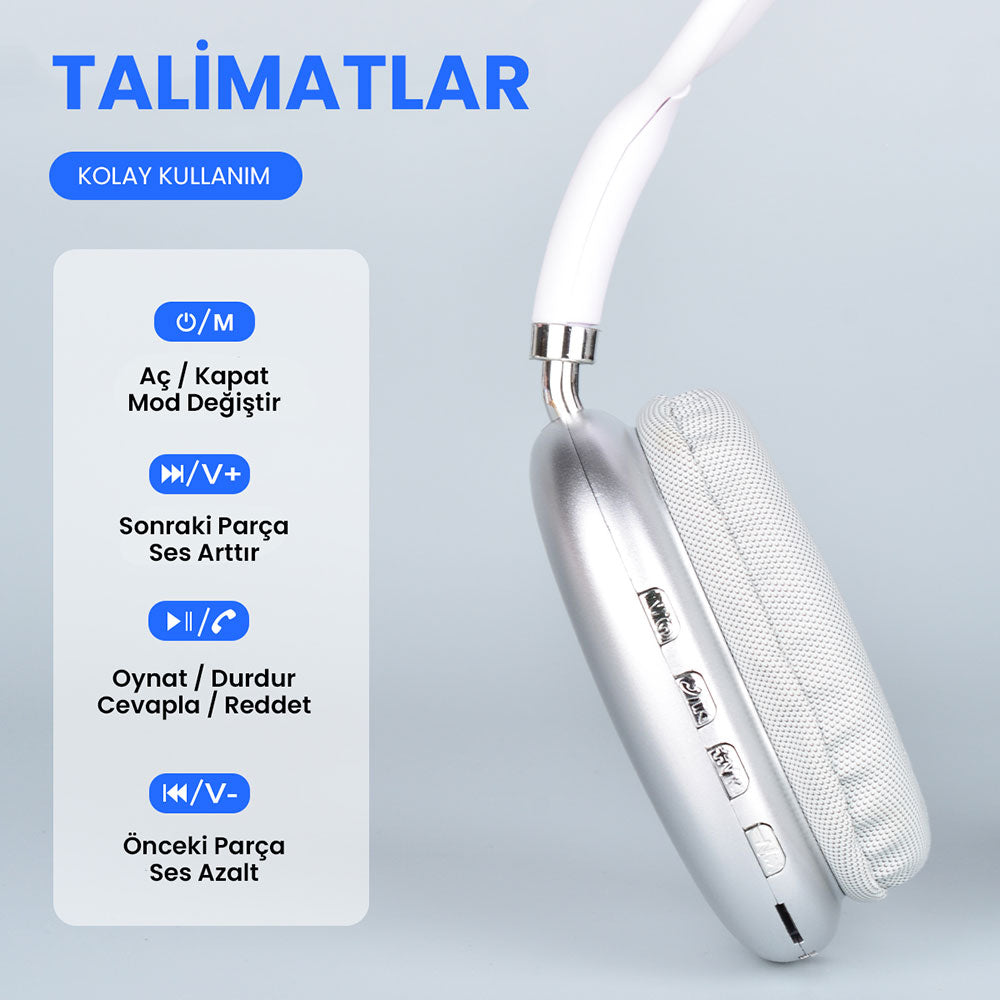 Mnc P9 Hi-Fi Ses Kalitesi Ayarlanabilir ve Katlanabilir Kulak Üstü Bluetooth Kulaklık-Beyaz