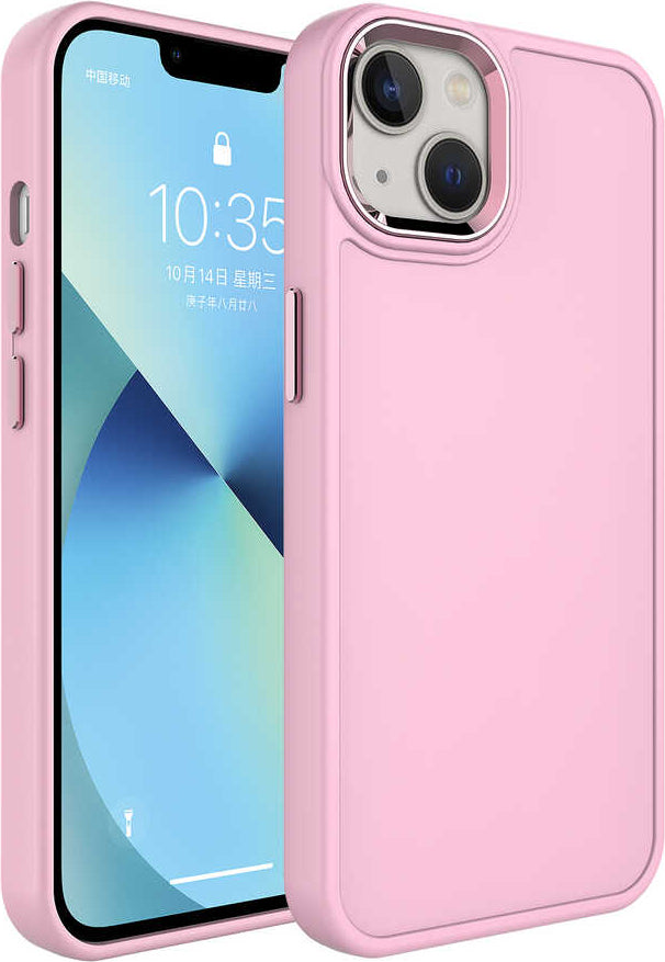 Apple iPhone 14 Kılıf Metal Çerçeve ve Buton Tasarımlı Sert Mnc Botox Kapak-Pembe Açık