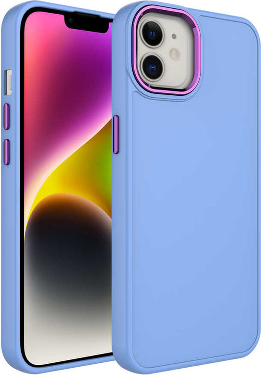 Apple iPhone 12 Kılıf Metal Çerçeve ve Buton Tasarımlı Silikon Mnc Luna Kapak-Lila