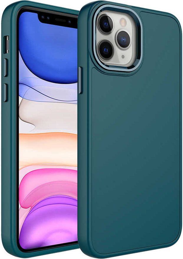 Apple iPhone 12 Pro Kılıf Metal Çerçeve ve Buton Tasarımlı Silikon Mnc Luna Kapak-Koyu Yeşil