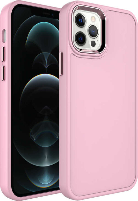 Apple iPhone 13 Pro Kılıf Metal Çerçeve ve Buton Tasarımlı Sert Mnc Botox Kapak-Pembe Açık