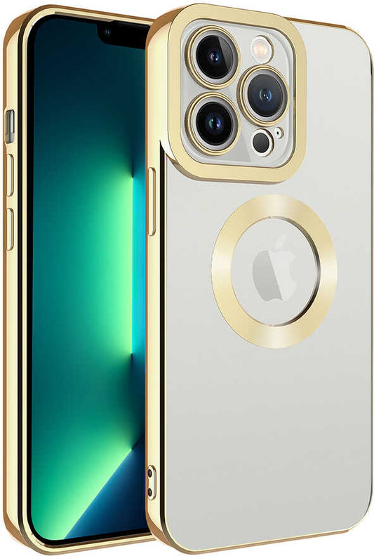 Apple iPhone 14 Pro Kılıf Kamera Korumalı Logo Gösteren Mnc Omega Kapak-Gold