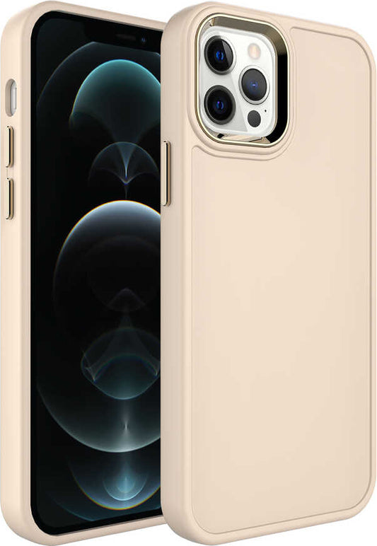 Apple iPhone 12 Pro Max Kılıf Metal Çerçeve ve Buton Tasarımlı Sert Mnc Botox Kapak-Krem