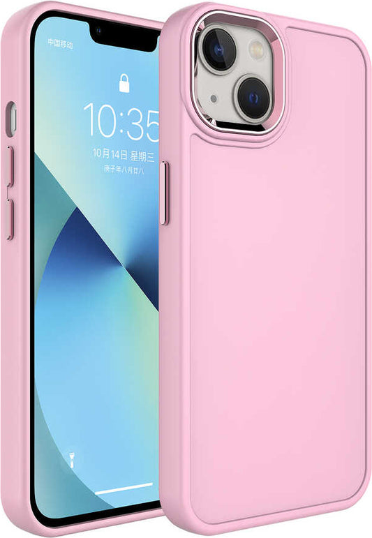 Apple iPhone 14 Plus Kılıf Metal Çerçeve ve Buton Tasarımlı Sert Mnc Botox Kapak-Pembe Açık
